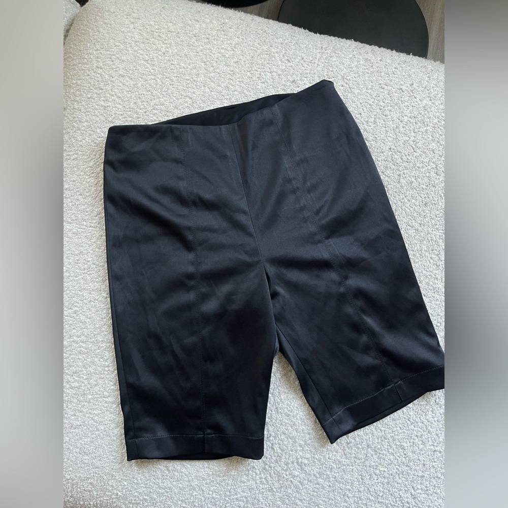 Chelsea Mak Black Satin Bermuda Shorts Minimalist Quiet Luxury Toteme Style Glam